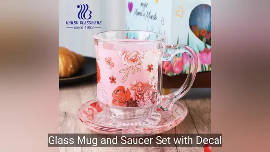 Mother′s Day Gift Promotion Glass Mug and Saucer Set with Full Decal Printing Custom Design 490ml Glass Mug for Tea Milk Drinking 