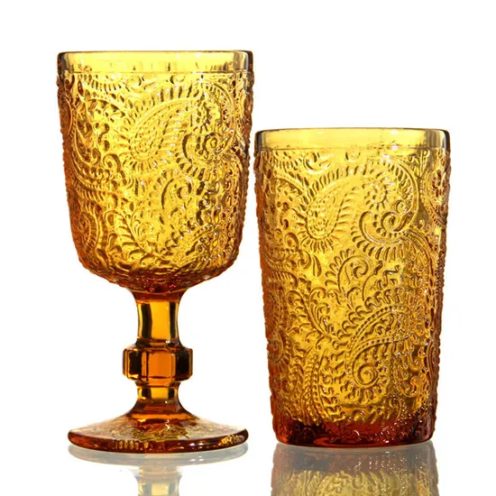 Wholesale Custom Vintage Embossed Amber Colored Goblets Red Wine Glasses Set for Wedding 